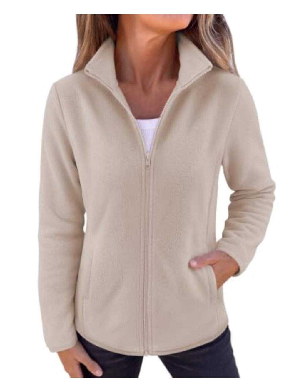 Women's Lightweight Fleece Zip Up Jacket Stand Collar Full Zip Pockets